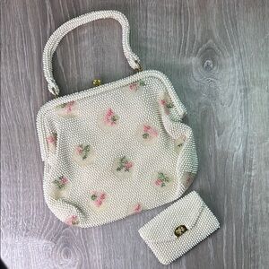 Cream and Pink Floral Clutch with Metal Zipper